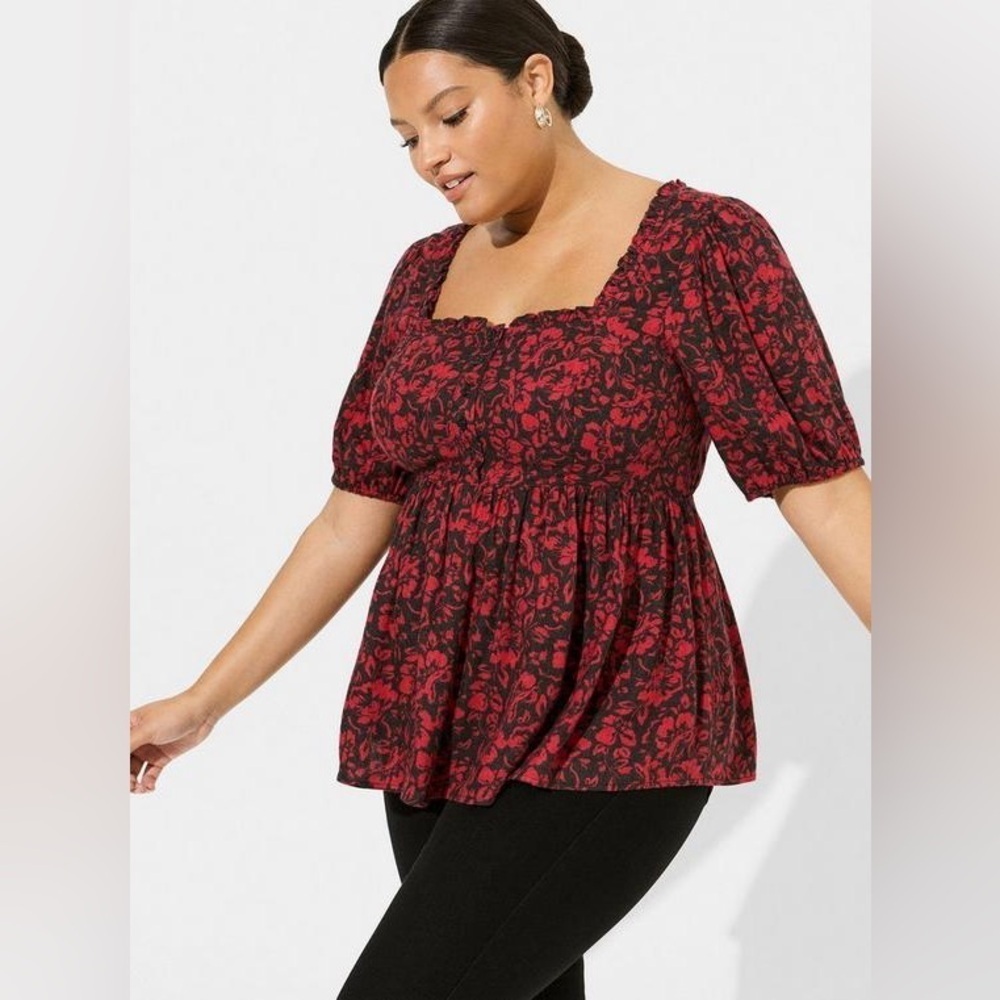 Torrid Floral Red and Black Women's Short Sleeve Flannel Top Size 0